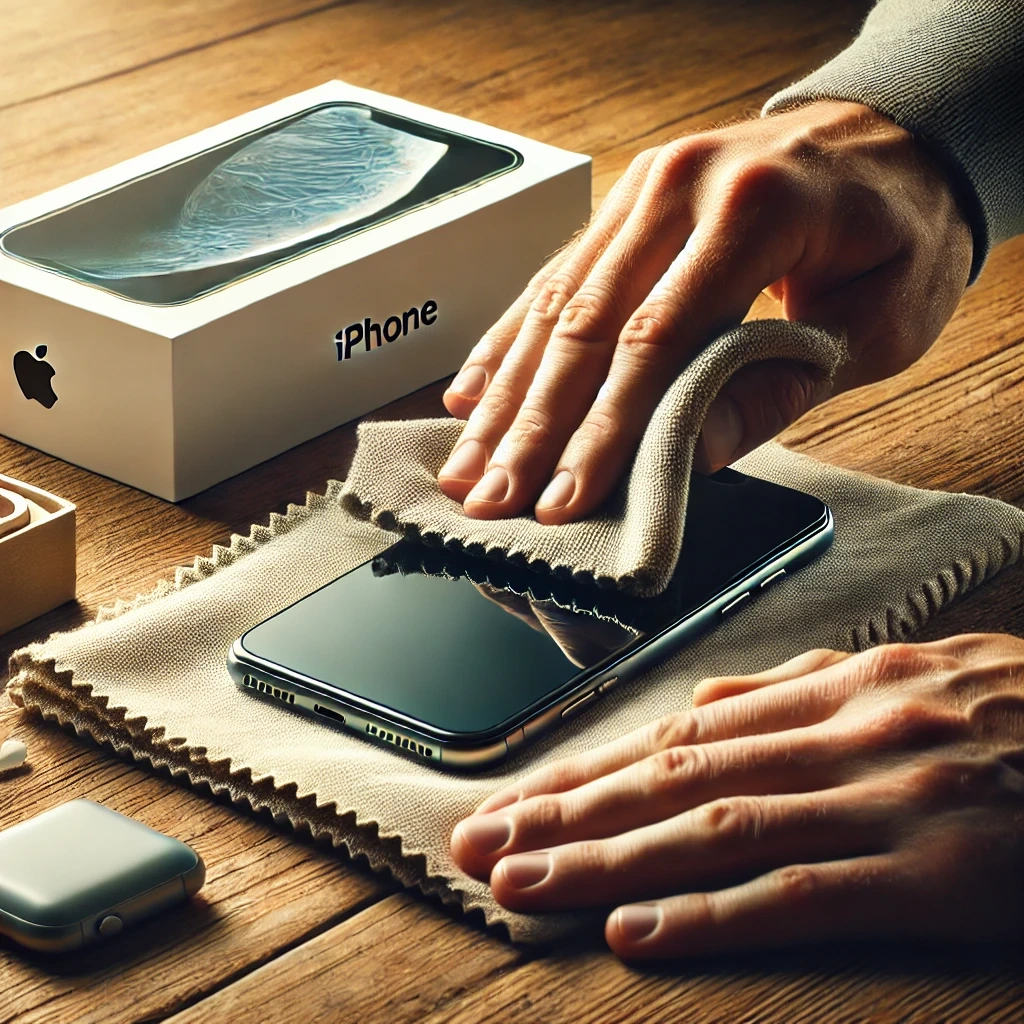 Close-up image of a person carefully cleaning an iPhone with a microfiber cloth on a wooden table, featuring an iPhone box and accessories nearby—perfect for sell my iPhone Jacksonville FL services.